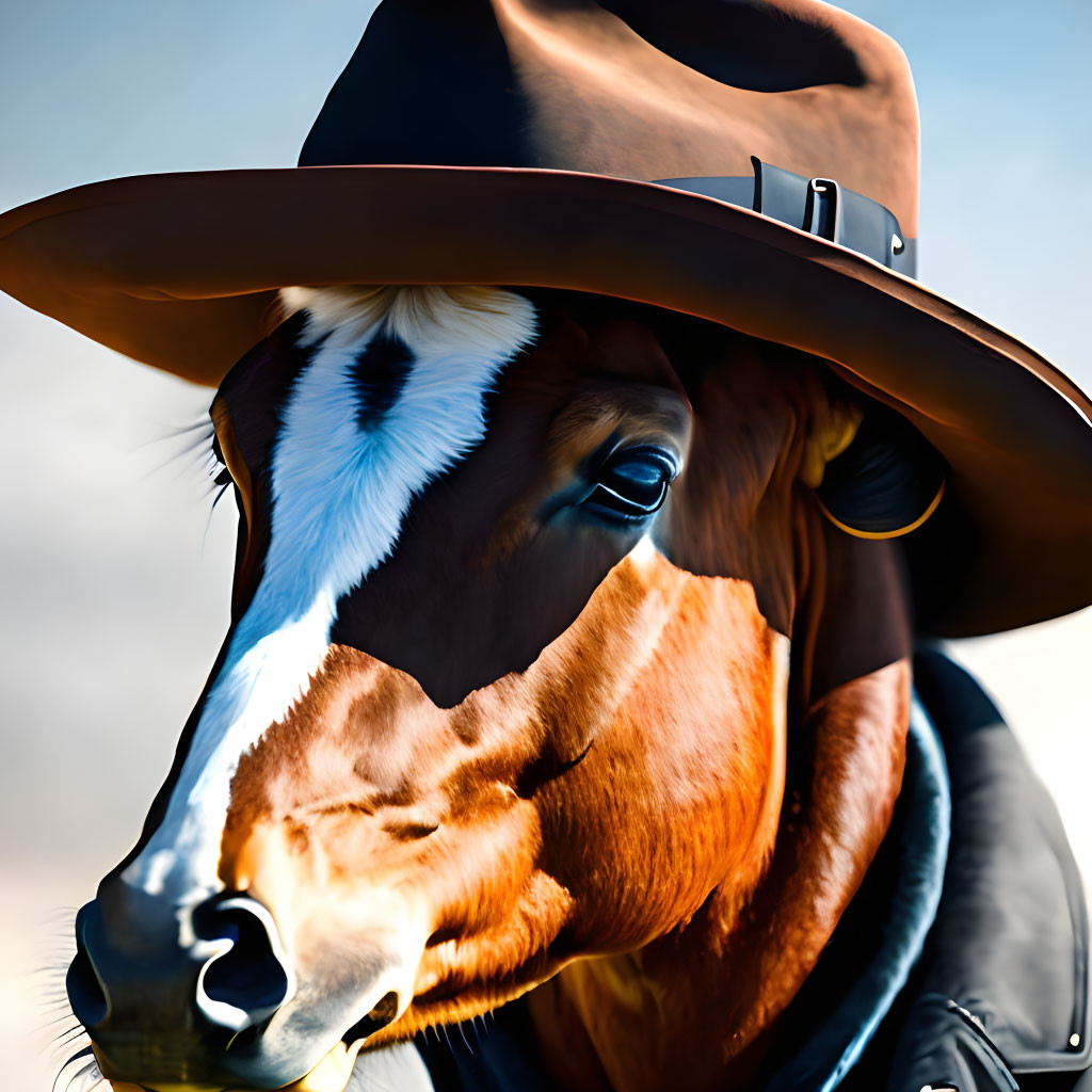 Brown and White Horse Wearing Cowboy Hat in Close-Up Shot