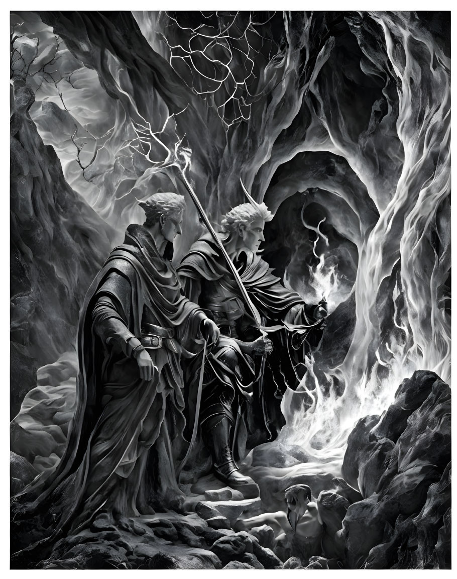 Mystical cave entrance with cloaked figures and ancient power