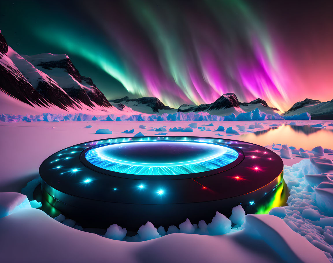 Circular futuristic building with neon lights in snowy landscape under aurora borealis