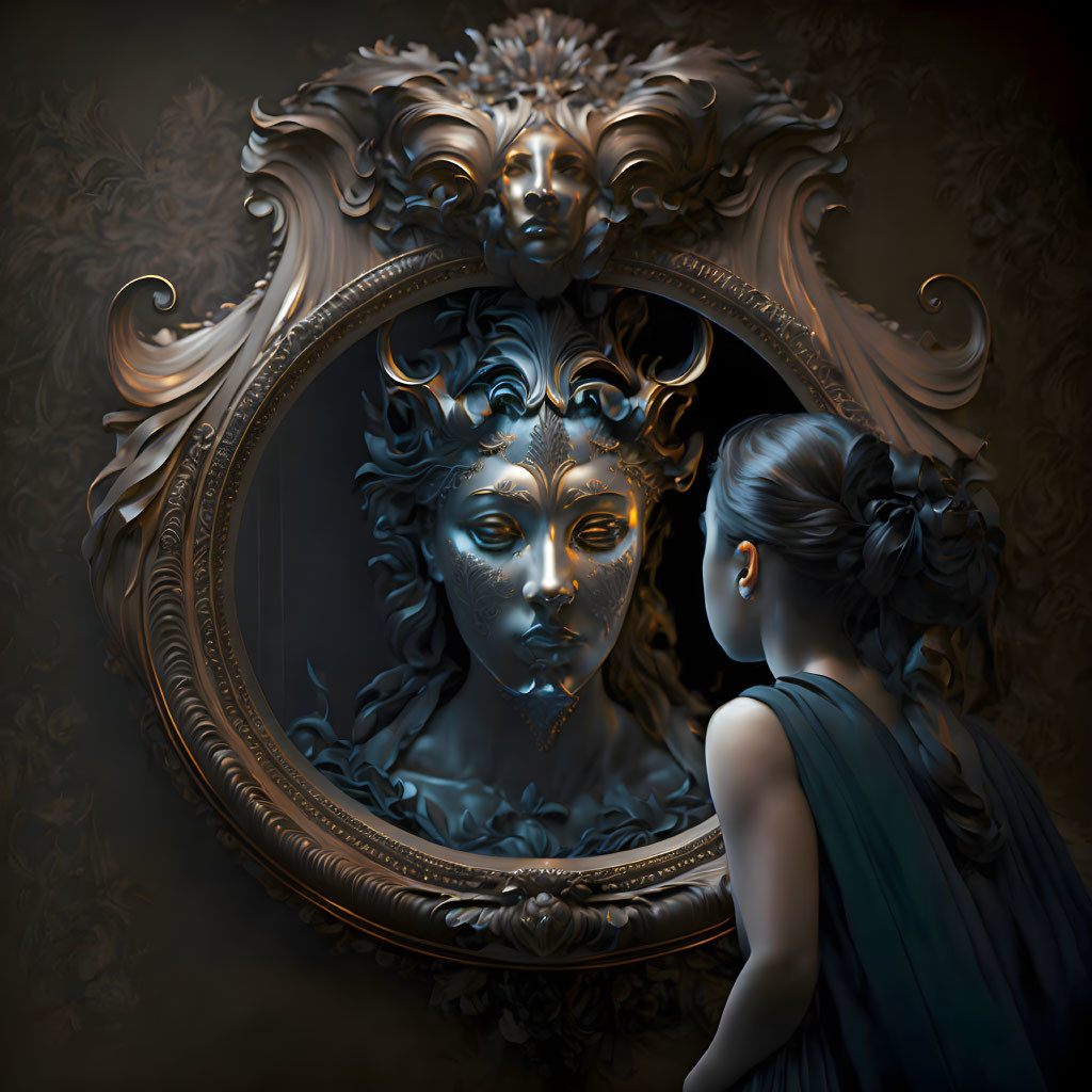 Girl in dark dress gazes at ornate mirror with mystical sculpted faces