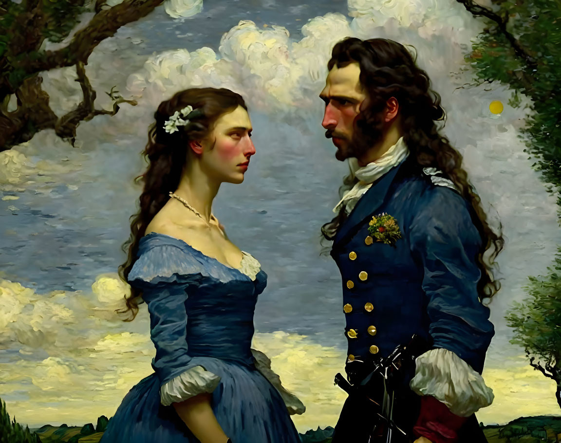 Man and woman in historical attire gaze intensely under cloudy sky and tree