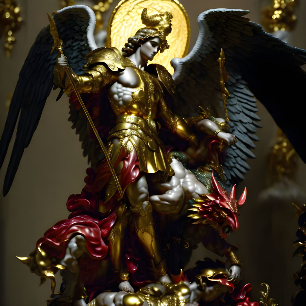 Baroque-style golden-winged angel sculpture defeating demon on dark background