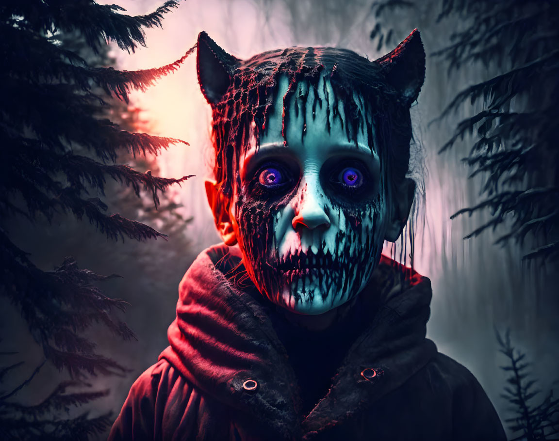 Person in Red Jacket with Creepy Cat Mask in Dark Forest