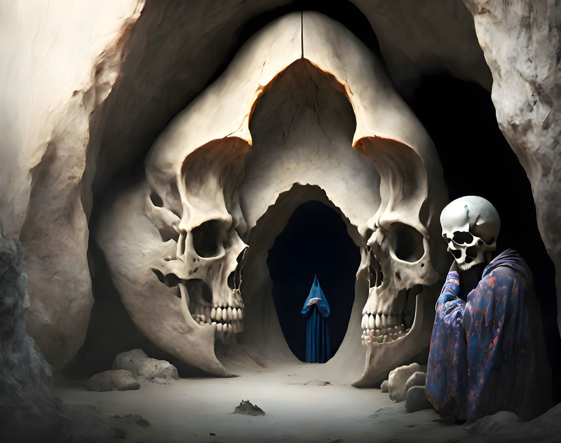 Mysterious figure at skull-shaped cave entrance