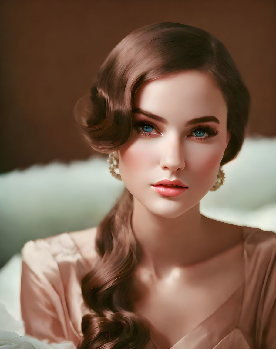 Portrait of woman with blue eyes, wavy hair, pearl earrings, peach blouse on soft background