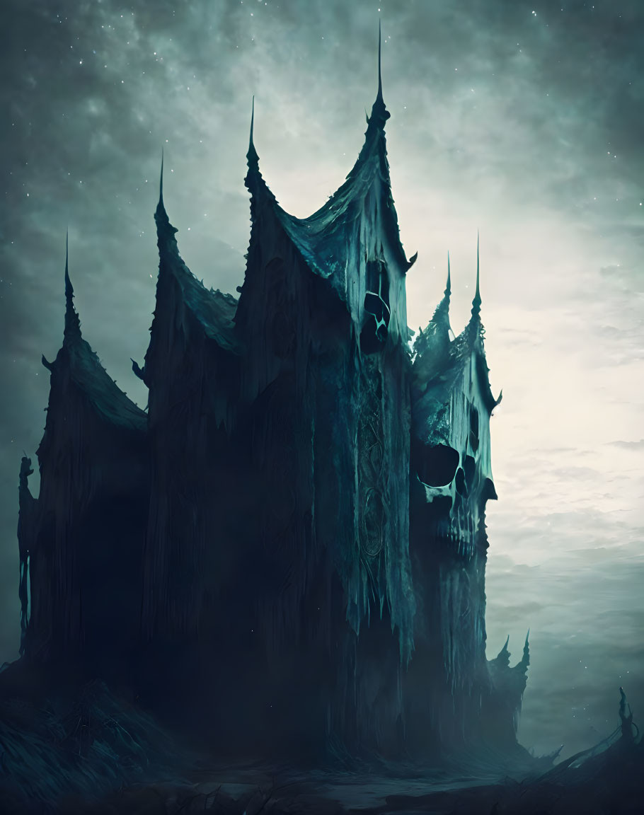 Eerie gothic castle with tall spires in misty night scene