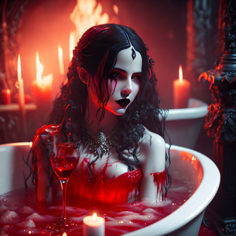 Dark-haired woman in bathtub with crimson liquid and wine glass, surrounded by candles