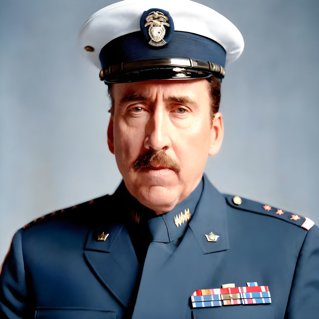 Air Force man in dress blue uniform with medals and cap.