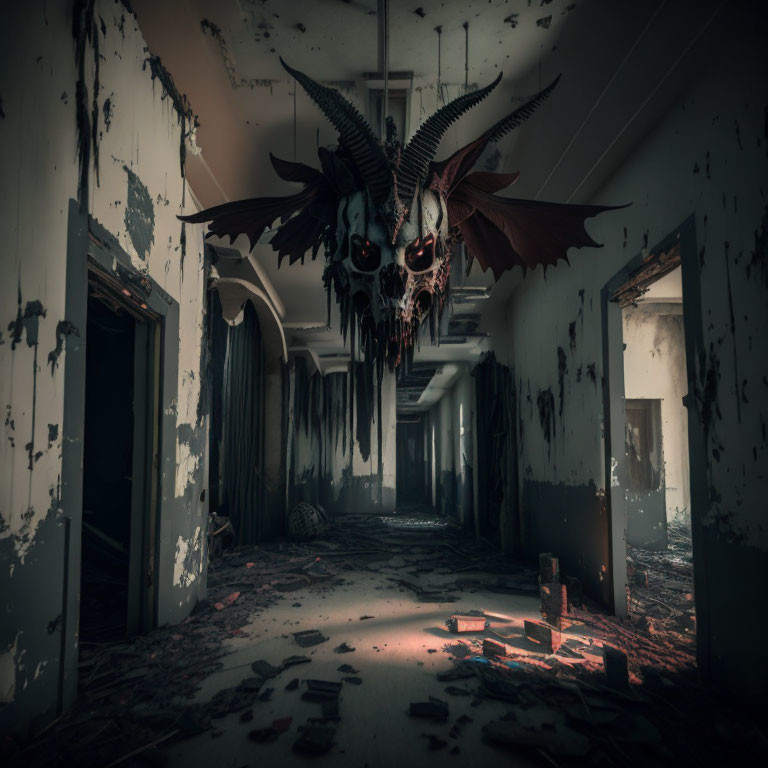 Desolate corridor with dragon sculpture and debris