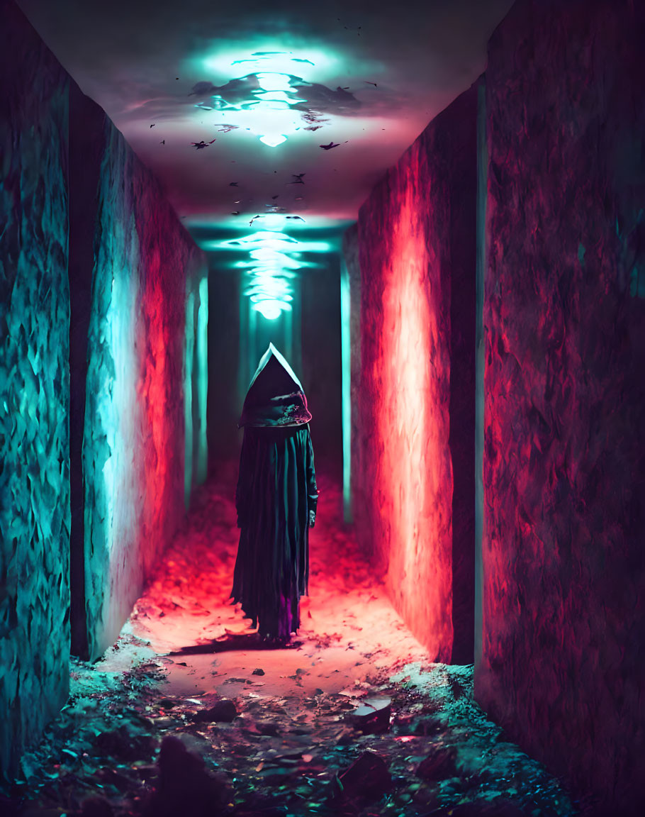 Mysterious cloaked figure in neon-lit corridor with red and blue lights