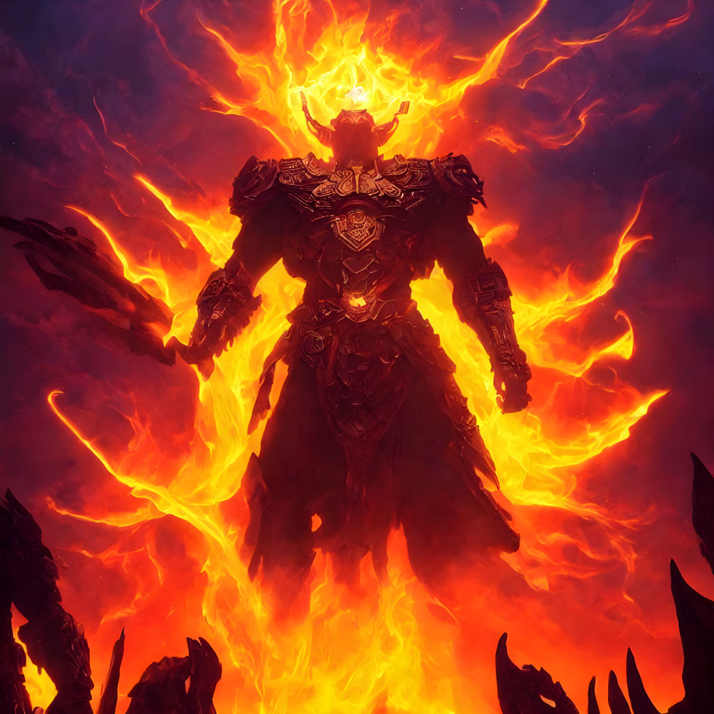 Fiery glowing creature in armor surrounded by flames