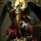 Baroque-style golden-winged angel sculpture defeating demon on dark background