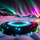 Circular futuristic building with neon lights in snowy landscape under aurora borealis