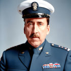 Air Force man in dress blue uniform with medals and cap.