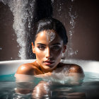 Dark-haired woman emerges from ocean with intense gaze and light reflection.