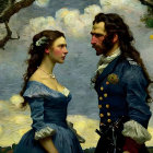 Man and woman in historical attire gaze intensely under cloudy sky and tree