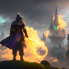 Knight in Blue Armor Gazes at Burning Castle Amid Stormy Sky