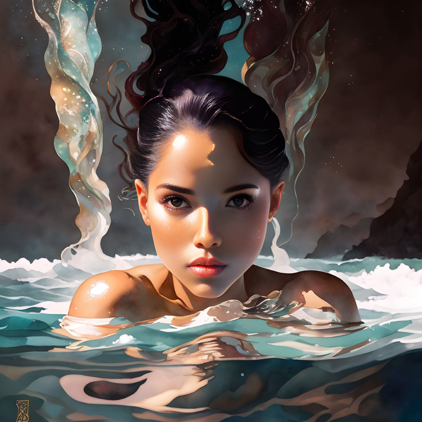 Dark-haired woman emerges from ocean with intense gaze and light reflection.