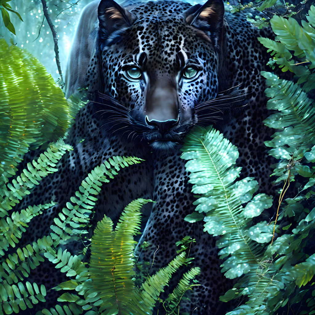 Spotted leopard blending into lush green foliage