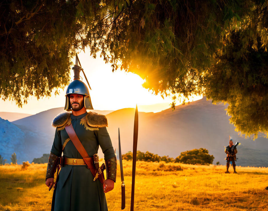 Ancient warrior in costume with spear and shield at sunset with another figure