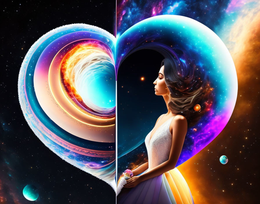 Woman in white dress before heart-shaped cosmic portal with swirling galaxies