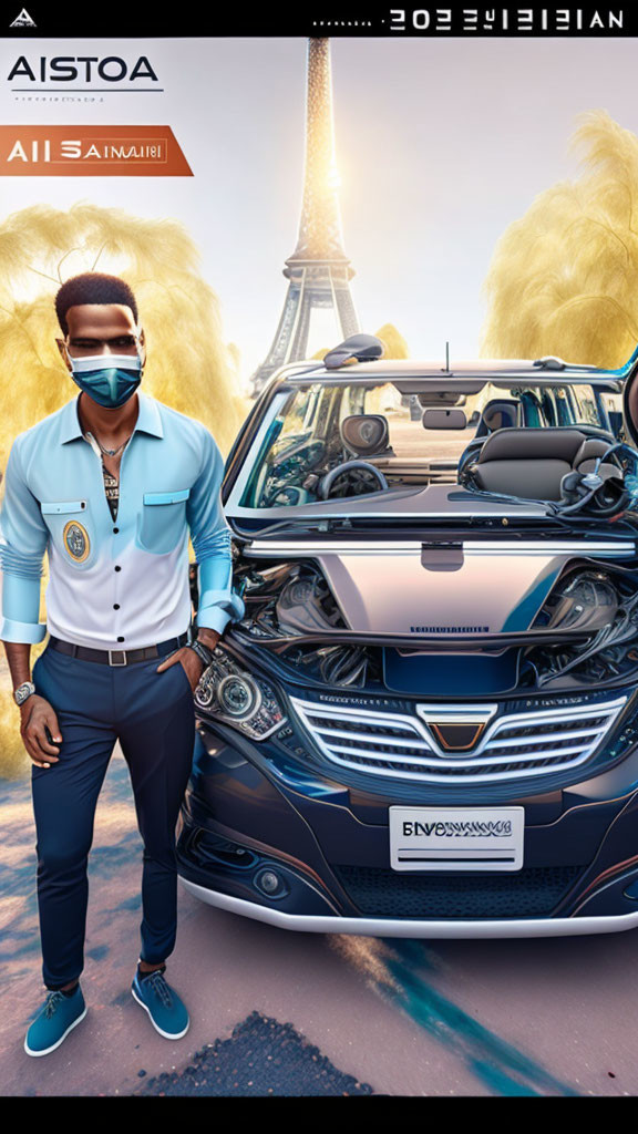 Stylized graphic of man in blue shirt with exposed car parts and Eiffel Tower.