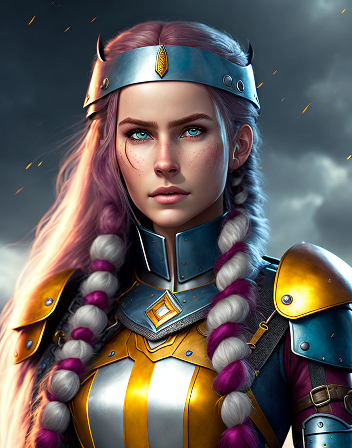 Warrior with Purple Hair in Golden Armor Against Stormy Sky