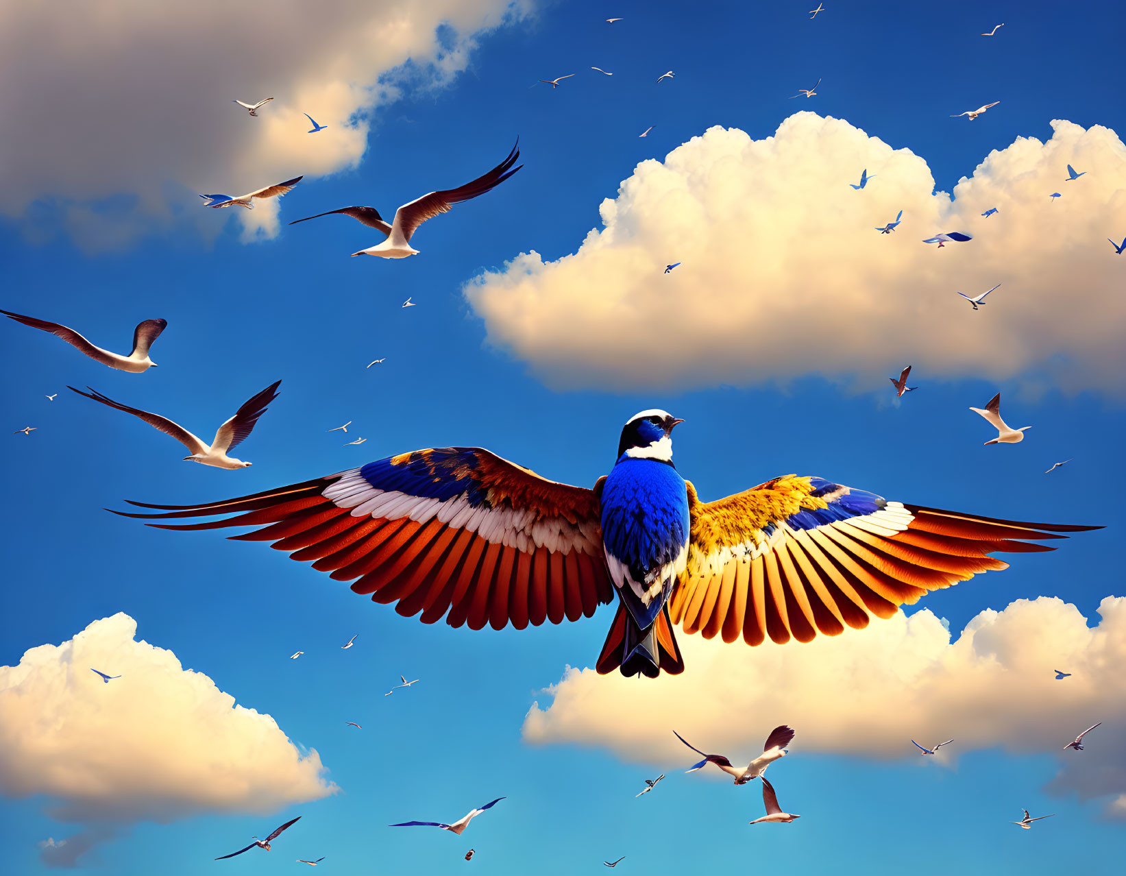 Colorful bird flying with seagulls in sky scenery