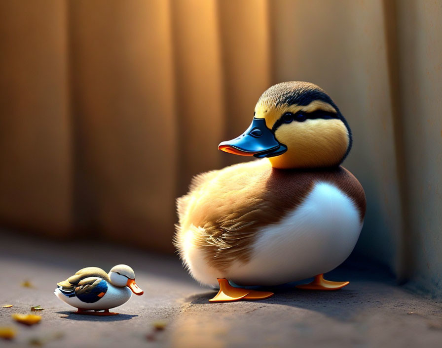 Large Duck and Duckling Toy in Warm Sunlight