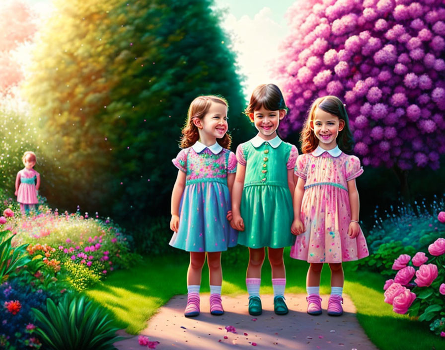 Four girls in colorful dresses in vibrant garden setting