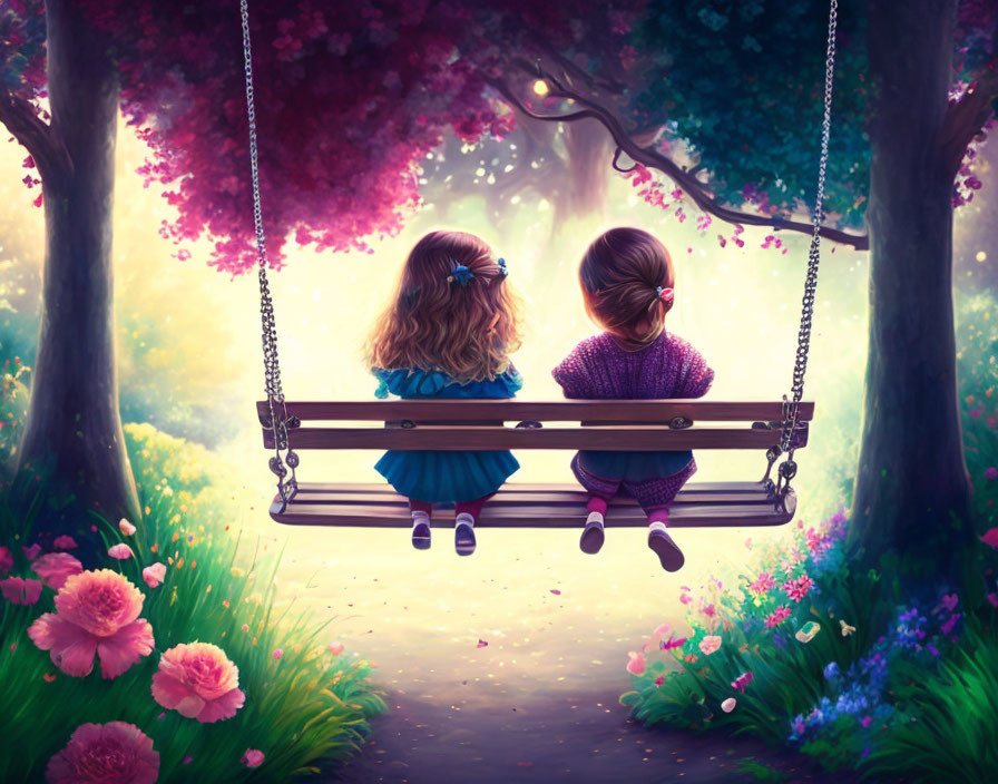 Two girls on wooden swing in colorful garden with glowing light