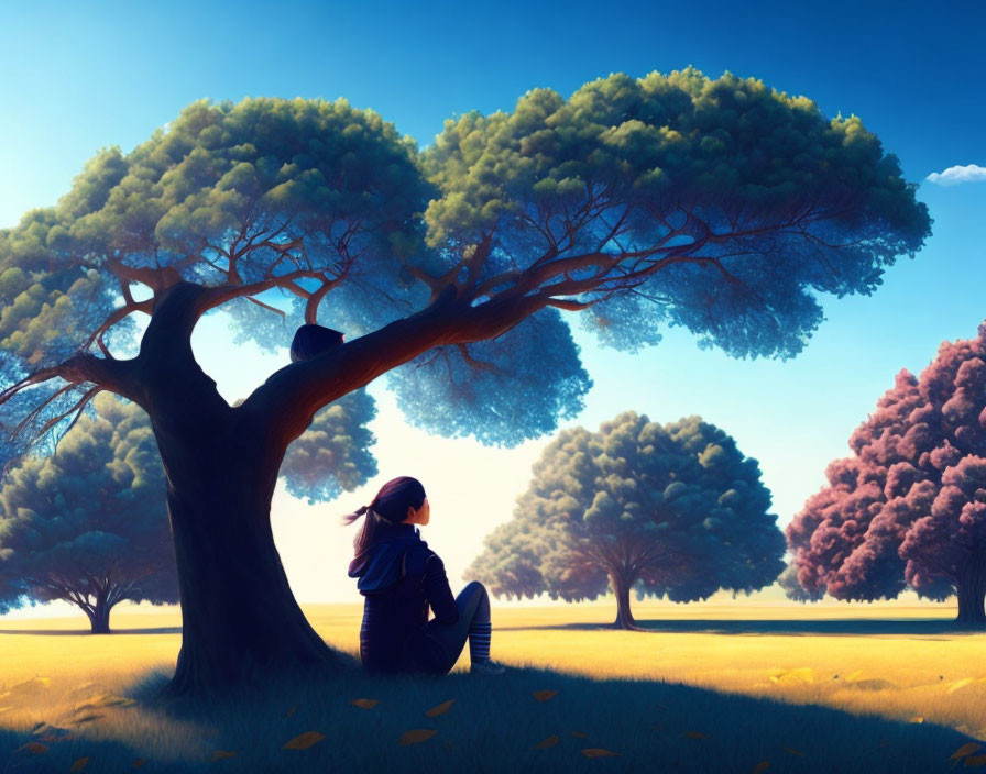 Solitary figure under vibrant tree in serene landscape