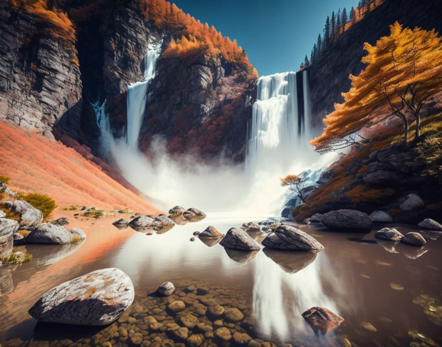 Tranquil waterfall in autumn forest with colorful foliage