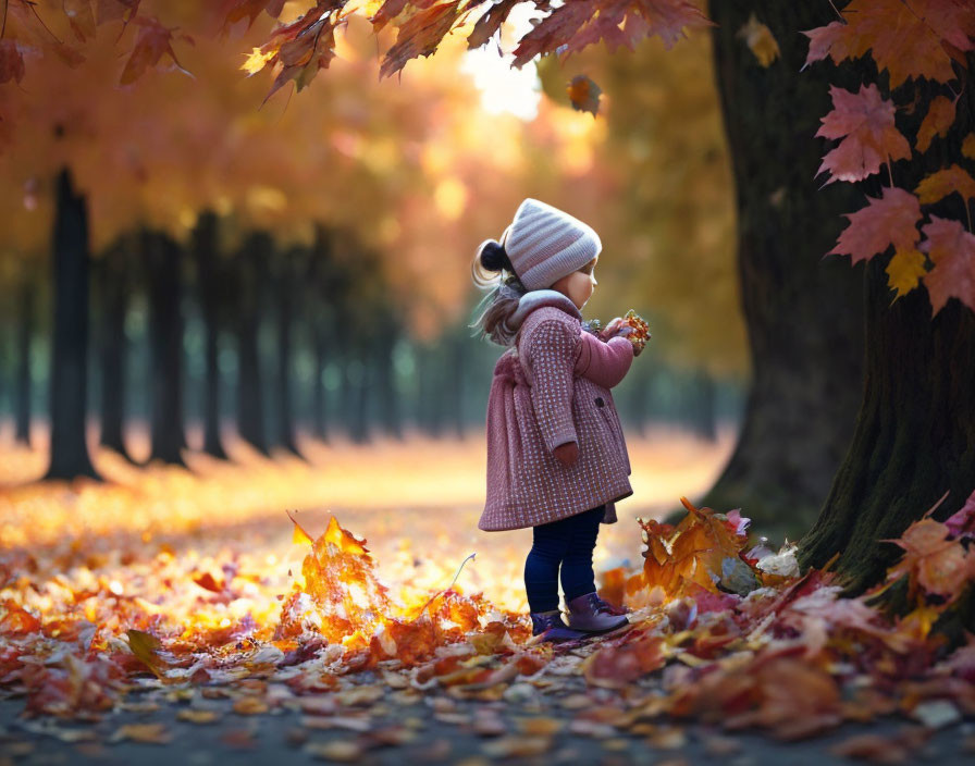 Child in Pink Coat and White Hat Standing on Leaf-Covered Path in Autumn Park