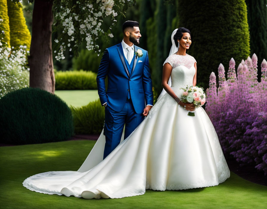 Bride and Groom Smiling Outdoors Surrounded by Greenery and Purple Flowers