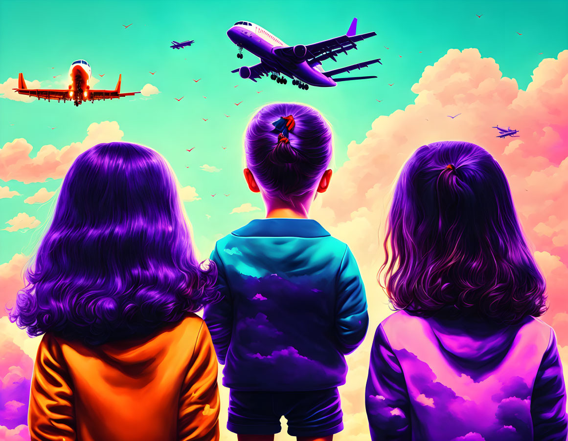 Three children looking at colorful sky with airplanes.