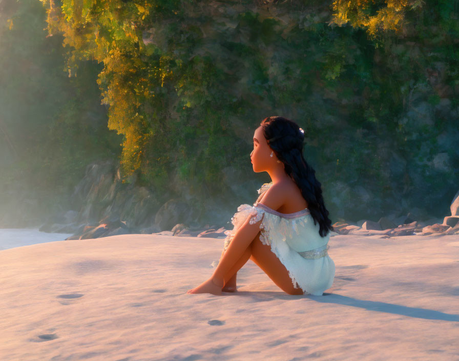 Woman sitting on sandy beach during golden hour with sunlight filtering through foliage above.