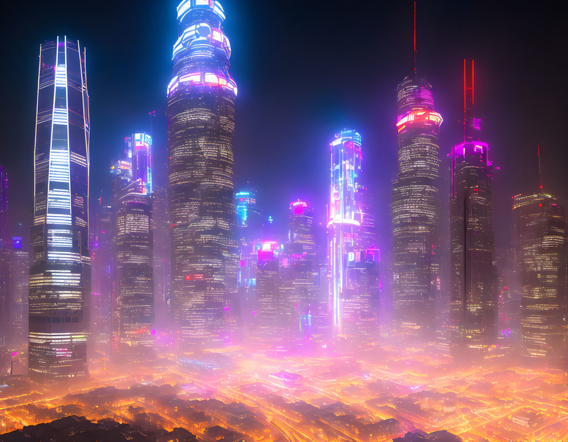 Futuristic cityscape with neon-lit skyscrapers over lava terrain