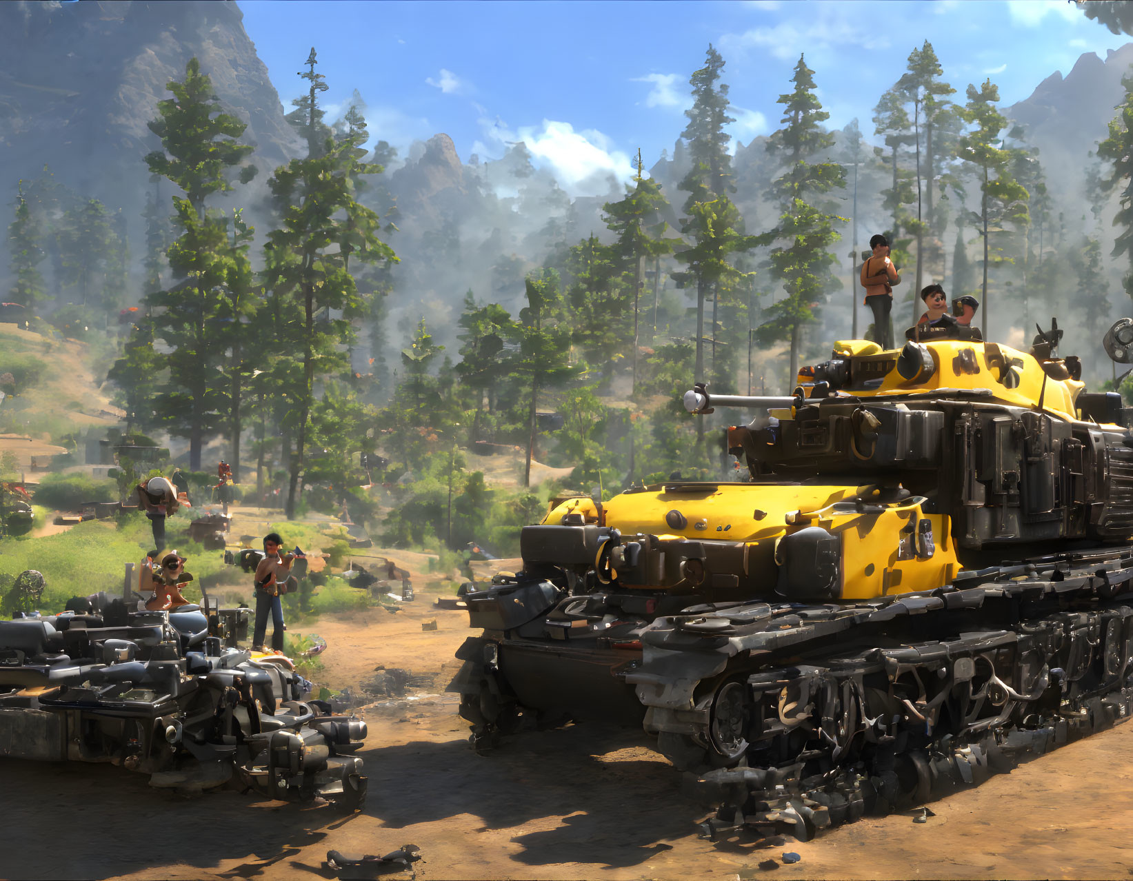 Military personnel and vehicles in sunlit forest with yellow tank and mountains