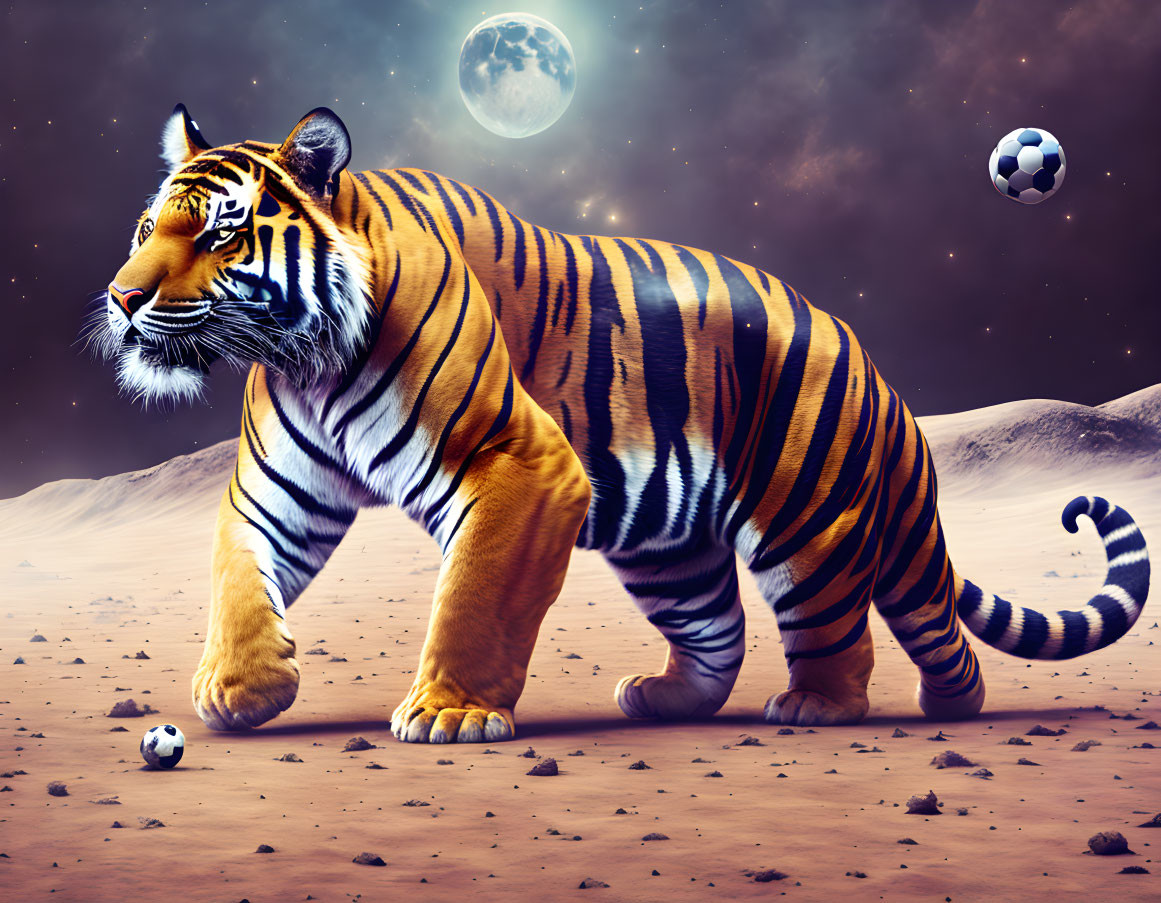 Majestic tiger on surreal space landscape with moons and soccer balls