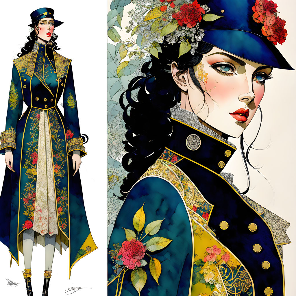 Detailed Vintage Military-Inspired Coat Illustration with Floral Motifs