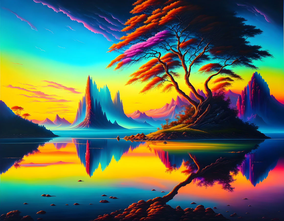 Colorful surreal landscape with reflective lake and silhouetted tree.