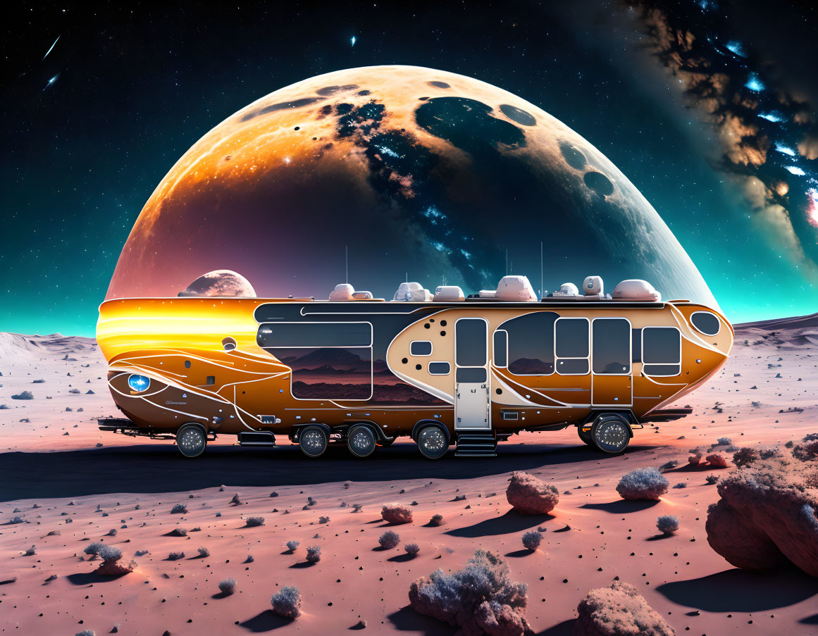 Futuristic vehicle on Mars-like terrain with detailed moon in starlit sky