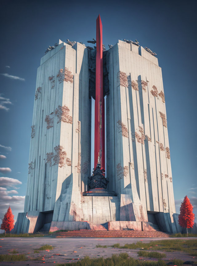 Futuristic monument with tall spire, concrete structure, red trees, blue sky