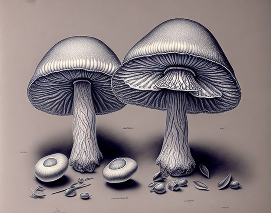 Detailed illustration of large and small mushrooms with seeds on plain background