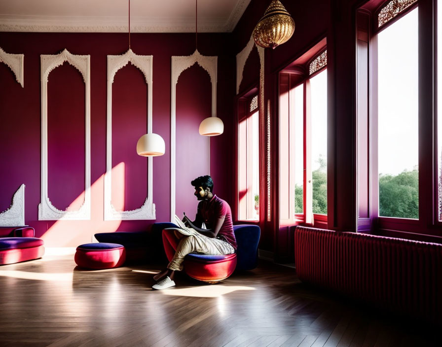 Person reading by window in room with purple walls and ornate gold details