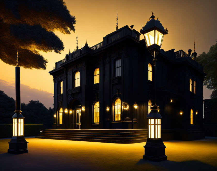 Classic Black Mansion with Glowing Windows at Dusk