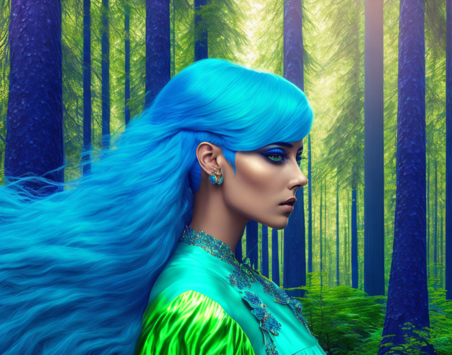 Woman with Vibrant Blue Hair and Makeup in Green Embellished Outfit in Fantasy Forest