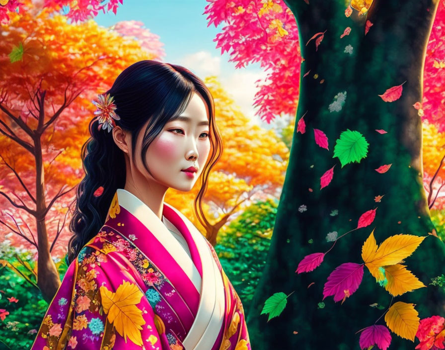 Digital Artwork: Woman in Colorful Kimono Surrounded by Autumn Leaves