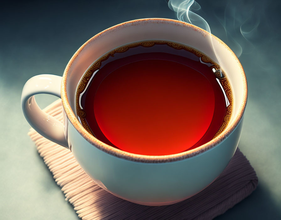 Steaming Cup of Tea on Gold-Rimmed Saucer Against Moody Blue Background